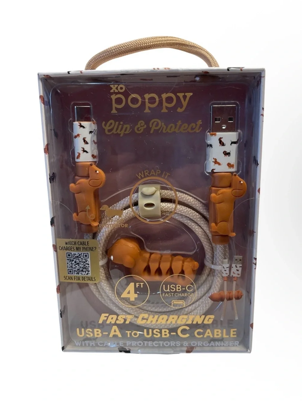 XO Poppy Dachshund Fast Charging USB-A to USB-C Cable w/Protectors 4ft - NWT **